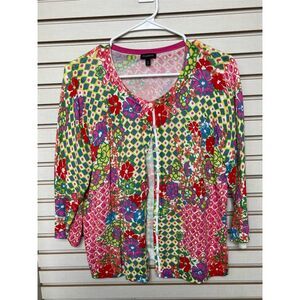 Talbots Women's Multicolor Floral Geometric Print Cardigan Size M 3/4 Sleeve